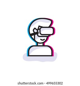 Man in 3D glasses. Virtual Reality device logo. Line style icon.