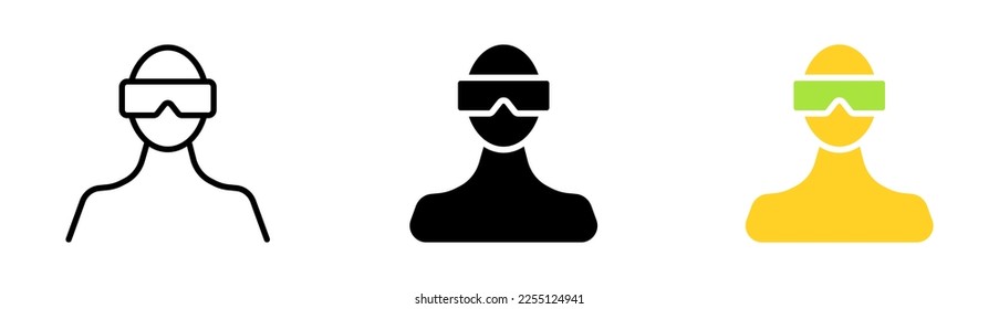 Man in 3d glesses set icon. Virtual reality. Application Development, 360 degree, arrows, augmented reality. Metaverse concept. Vector icon in line, black and colorful style on white background