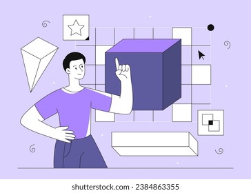 Man with 3D modeling line. Young guy near large cube with geometric figures. Freelancer and digital designer. Template and layout. Linear flat vector illustration isolated on violet background