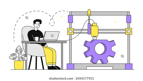 Man with 3d printer simple. Young guy printing volumetric image or picture of coghweel. Modern technologies and innovations. Doodle flat vector illustration isolated on white background