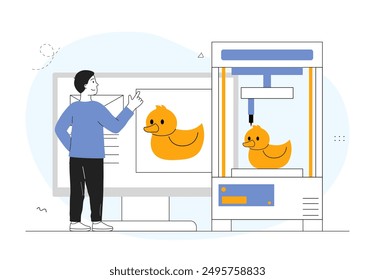 Man with 3D printer. Young guy near printing equipment designs rubber ducky. Copying things and computer. Innovation and modern technologies. Linear vector illustration isolated on white background
