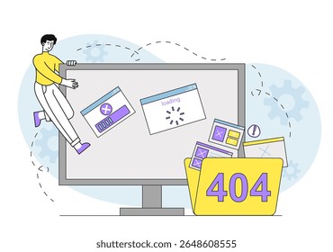 Man with 404 error. Young guy near computer monitor and folder with files. Oops, something went wrong. Website unavailable. Incorrect link or page address. Linear vector illustration