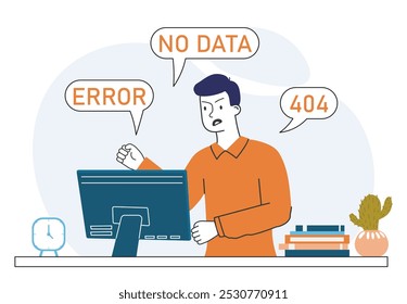 Man with 404 errors. Young guy near computer monitor with failures. No data at laptop. Page not found at website. Disconnect and broken files. Linear vector illustration isolated on white background