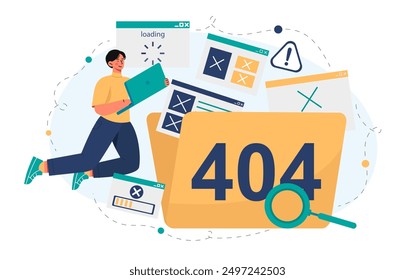 Man with 404 problem. Young guy with laptop near large empty folder. Access to information prohibited. Technical problems and incorrect link. Flat vector illustration isolated on white background