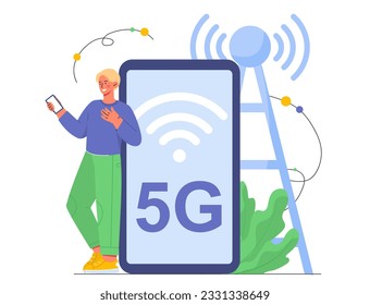 Hombre con el concepto de torre 5G. Conexión inalámbrica e internet. Tecnologías modernas y mundo digital. Usuario en línea con smartphone. La red de Internet. Dibujo vectorial plano de dibujos animados