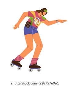 Man in the 70s style outfit roller skating and listening to music retro flat vector illustration. Woman from the 70s. Isolated on white. 