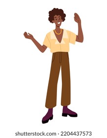 Man From 80s. Young Guy In Brown Pants And Beige Shirt. Poster Or Banner For Social Media. Old Style Clothing, Fashion And Aesthetics. Character At Disco And Event. Cartoon Flat Vector Illustration