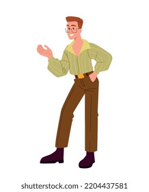 Man from 80s. Young guy in brown pants and wide green shirt. Dancing character at disco or party. Holiday and festive. Sticker for social networks and messengers. Cartoon flat vector illustration