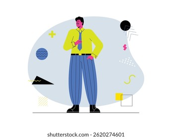 Man in 90's fashion with vintage elements background, vector illustration.