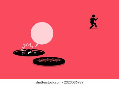 Man abandon his friend in the hole and run away. Vector illustration depicts concept of neglect, selfish, unreliable, untrustworthy, backstab, forsake, unreliable, and bad person.