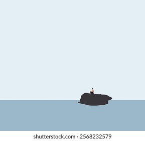 Man abandoned on rock in the middle of the sea looking at ocean under clear blue sky. Thoughtful and calmness. Minimal art design.