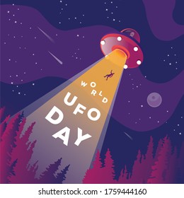 Man abduction by UFO colorful poster with alien spaceship kidnaps human in vintage style vector illustration