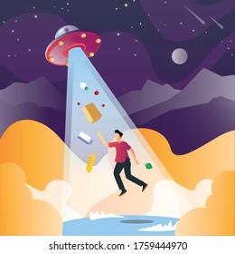 Man abduction by UFO colorful poster with alien spaceship kidnaps human in flat style World UFO Day. July 2. Holiday concept. vector illustration