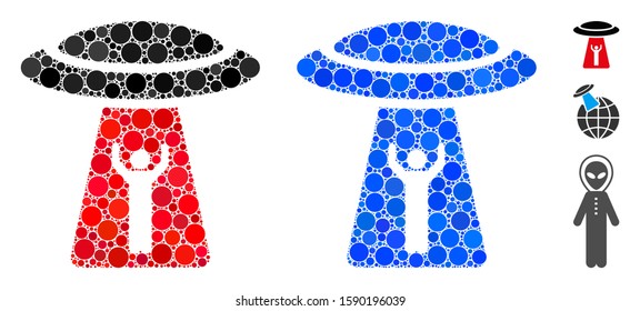 Man abduction UFO composition of filled circles in different sizes and shades, based on man abduction UFO icon. Vector random circles are combined into blue composition.
