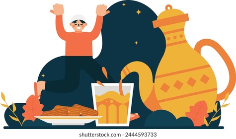 A man about to eat his iftar food and drinks 
