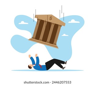 Hombre a punto de ser aplastado por un banco que se derrumba Ilustración vectorial plana 2d