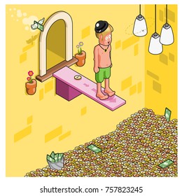 Man about to jump into a vault filled with money (isometric vector illustration)