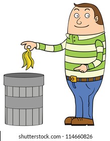 a man is about putting away a banana skin into a trash can.