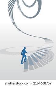 Man about to start climbing a spiral staircase vector illustration