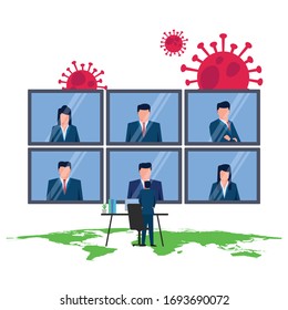 Man above the world map meet online talk about corona impact to business. Business flat vector concept illustration for Wallpaper, Banner, Background, Infographic, Book, And Web Landing Page.