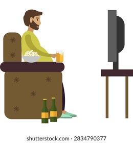 Man abusing beer and junk food while watching tv vector icon isolated on white background