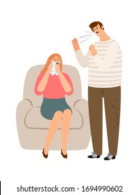 Man abusing woman. Young couple quarrel, guy screaming and girl crying. Family violence vector illustration