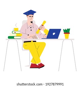 Man in academic cap getting his diploma online. Online Education, Virtual graduation, distance learning concept Character taking online classes via laptop. Cartoon Vector illustration.