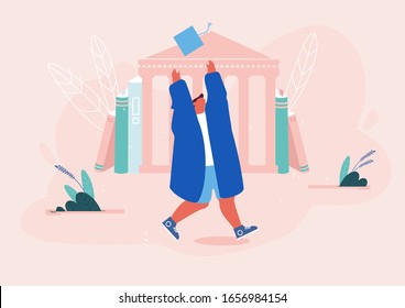 Man in Academic Cap and Gown Throw Academic Cap on University Building Background with Textbooks. Graduation Student Celebrate Finish of Education, Alumnus Graduating Cartoon Flat Vector Illustration