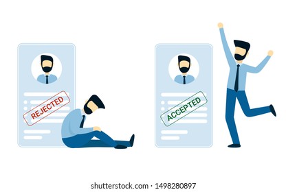 A Man Was Accepted, Refused A Job. Happy And Frustrated Businessman. Blank Or Resume With Stamp Rejected And Accept. Flat Vector Male Character Design Concept Illustration For Business.