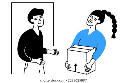 Man accepting delivery of parcel from woman flat vector illustration