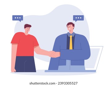 Man accepting work in the office, shaking hands with manager on laptop screen, communicating with superiors. Character design. Vector flat illustration