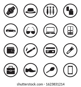 Man Accessories Icons. Black Flat Design In Circle. Vector Illustration.
