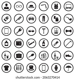 Man Accessories Icons. Black Flat Design In Circle. Vector Illustration.