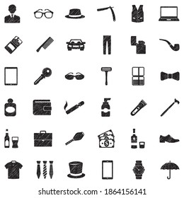 Man Accessories Icons. Black Scribble Design. Vector Illustration.