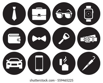 Man accessories icons. White on a black background