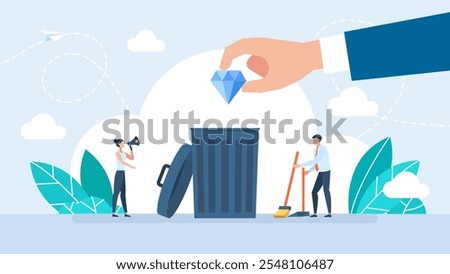 Man accidentally throw a jewel into the trash. Depreciation of moral values. Find a diamond in the trash heap.Trash can with a diamond. Flat vector illustration.
