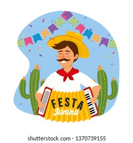 man with accordion and party banner decoration
