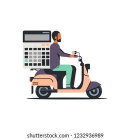 man accountant riding scooter with calculator finance analysis concept isolated flat vector illustration