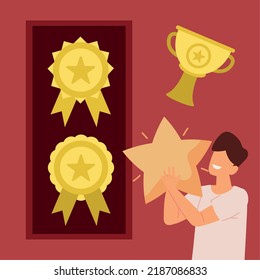 man with achievement awards include star