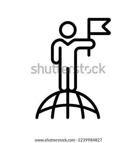 Man with Achievements flags set icon. Goal, aim, target, businessman, first place, top, personal growth, work, rating. Business concept. Vector line icon on white background