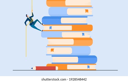a man achieves a goal, climbs a mountain of books, self-improvement, the concept of achieving a goal through improvement