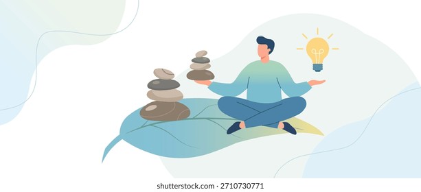 A man achieves mental balance and creative insight while meditating on a leaf, symbolizing harmony and new ideas.