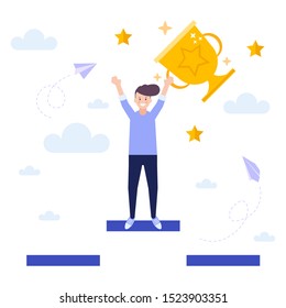 Man achieving success, get trophy,  concept of successful business strategy.Flat vector illustration isolated on white background. Can use for web banner, infographics, web page.
