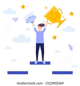 Man achieving success, get trophy,  concept of successful business strategy.Flat vector illustration isolated on white background. Can use for web banner, infographics, web page.