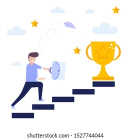 Man achieving success, get trophy,  concept of successful business strategy.Flat vector illustration isolated on white background. Can use for web banner, infographics, web page.