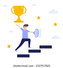 Man achieving success, get trophy,  concept of successful business strategy.Flat vector illustration isolated on white background. Can use for web banner, infographics, web page.
