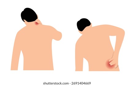 Hombre con cuello y espina dorsal doloridos aislados en blanco. Cuidado de la salud y medicina, la persona necesita un Arte vectorial de concepto de doctor