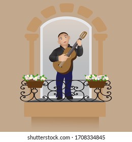 Man with the acoustic guitar on the balcony. Vector illustration.