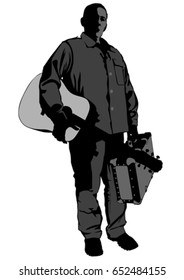 Man with acoustic guitar and suitcase in his hands on white background