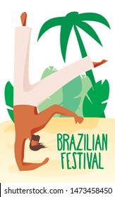 Man Acrobat on Beach at Background Palm Trees. Brazilian Festival. People Celebrate Days of Brazilian Carnival. Country Cult. National Holiday. Vector Illustration. Sports Man Stands on One Hand.